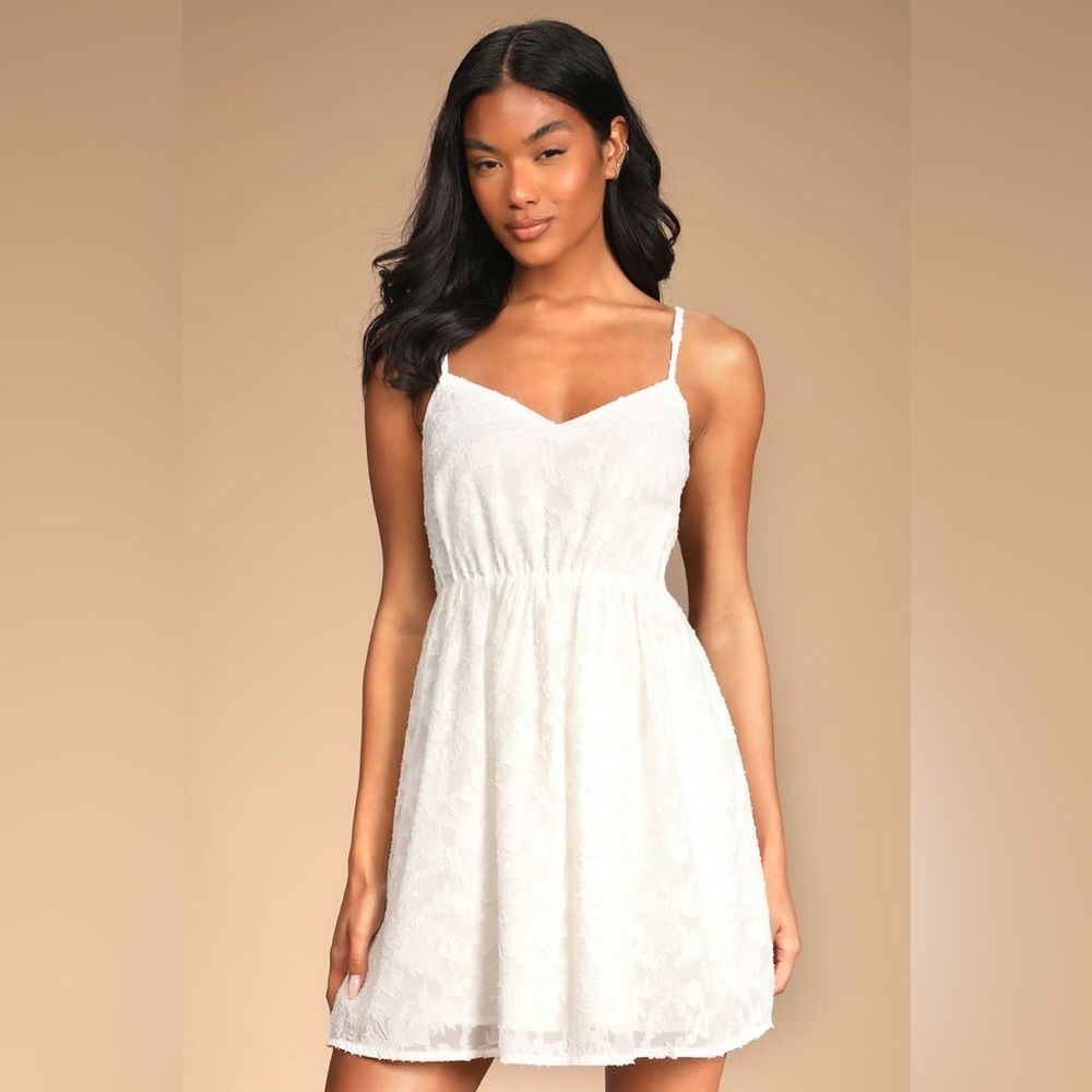 Nwt Lulus Lovely Meeting You White Floral Jacquard Mini Skater Dress, Size Xl